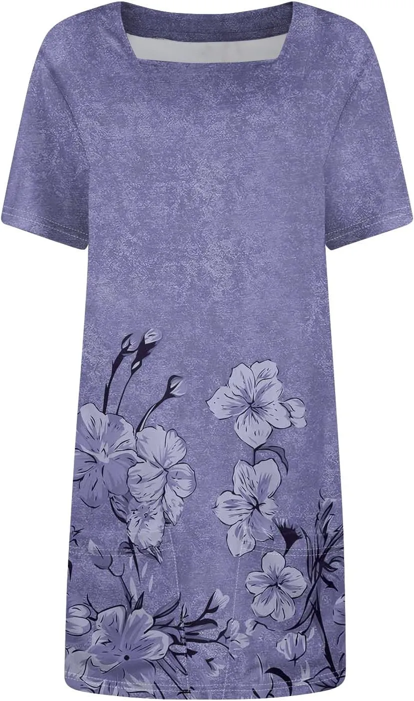 Women's Midi Dresses Summer Casual Trendy Dress Square Neck Short Sleeve Floral Print Solid Dresses, S-2XL