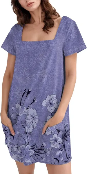 Women's Midi Dresses Summer Casual Trendy Dress Square Neck Short Sleeve Floral Print Solid Dresses, S-2XL