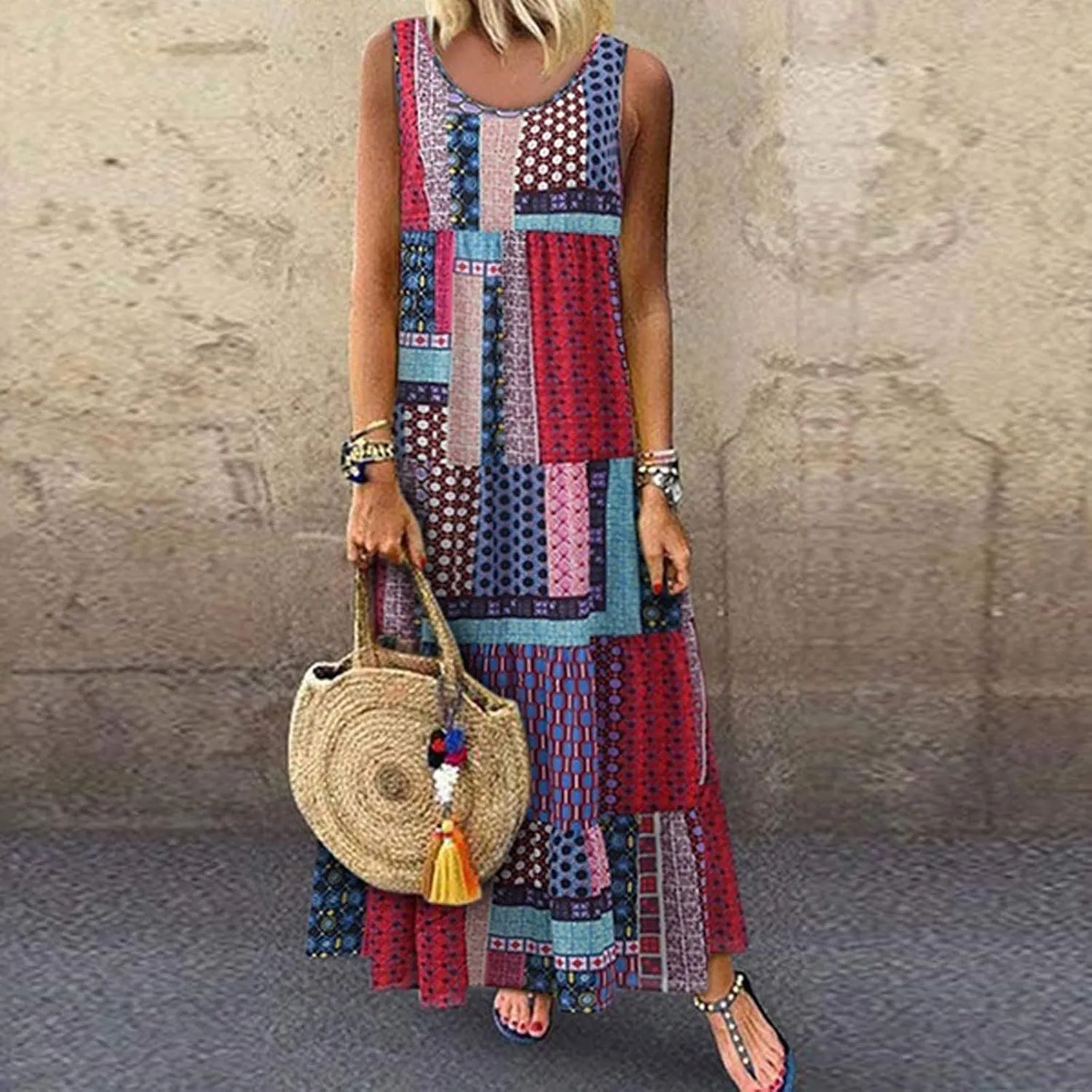 Women's Midi Long Dress Plus Size Summer Sleeveless O Neck Casual Loose Tunic Dresses Vintage Graphic Print Sundress
