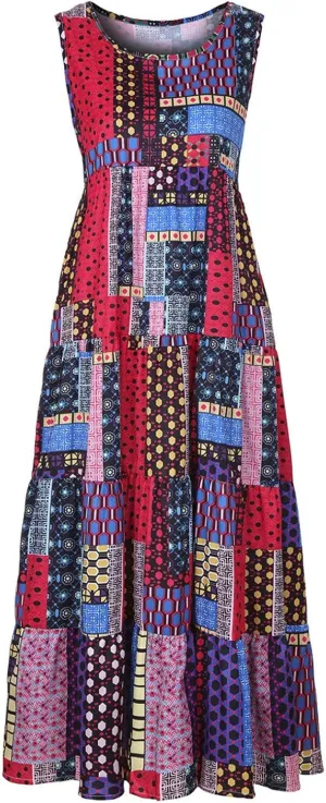 Women's Midi Long Dress Plus Size Summer Sleeveless O Neck Casual Loose Tunic Dresses Vintage Graphic Print Sundress