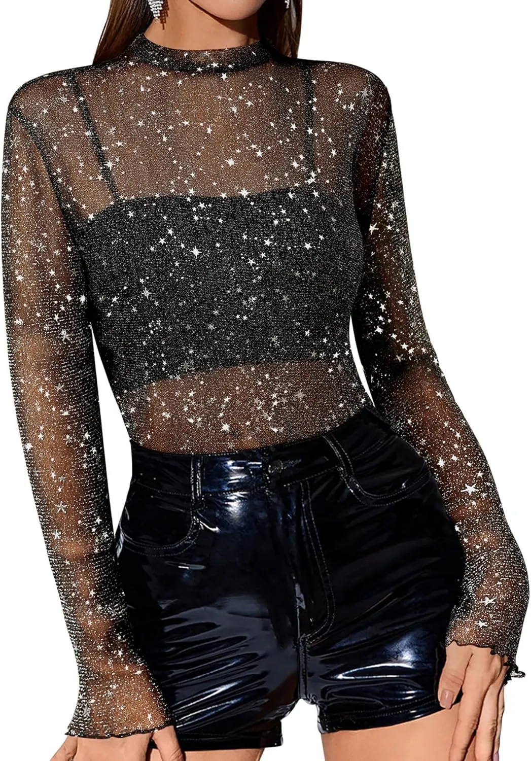 Womens Nashville Mesh Sheer Sparkly Top Glitter Star See Through Tops Tee Shirt Short Sleeve Concert Rave Outfits