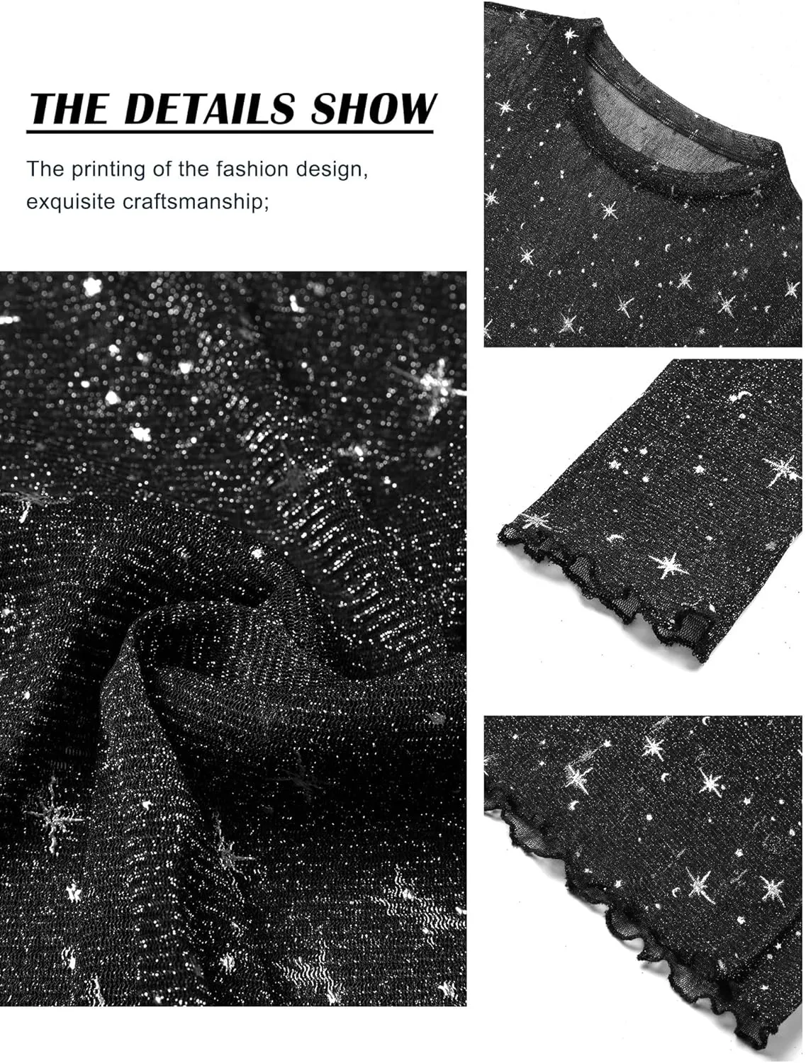Womens Nashville Mesh Sheer Sparkly Top Glitter Star See Through Tops Tee Shirt Short Sleeve Concert Rave Outfits
