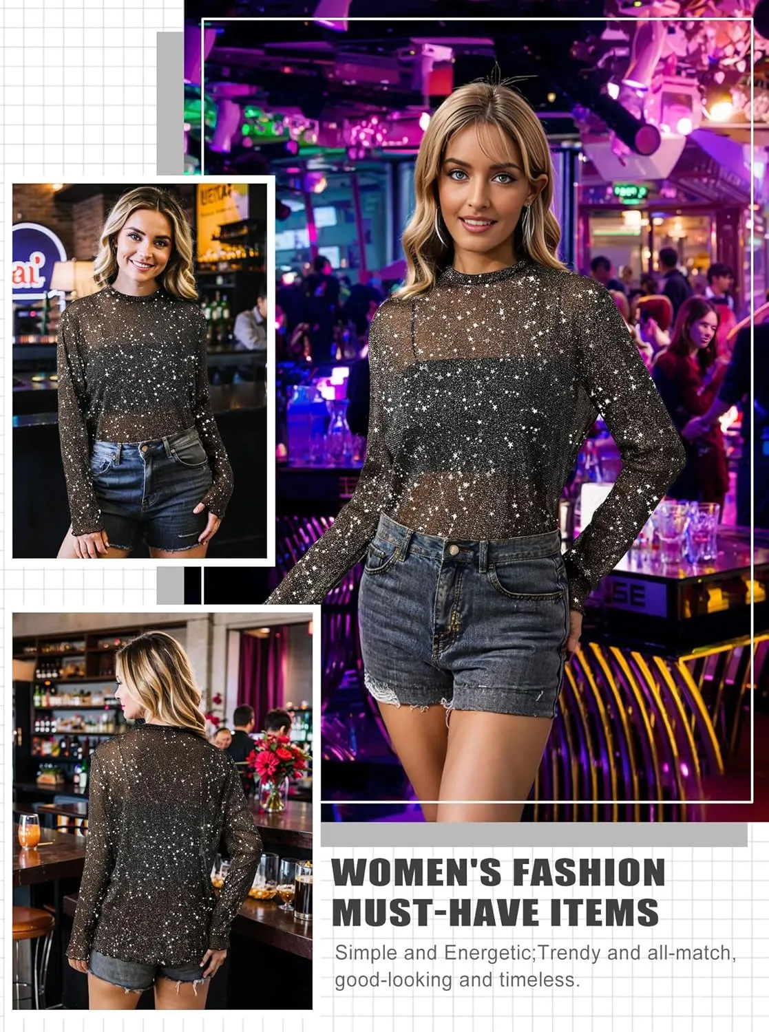 Womens Nashville Mesh Sheer Sparkly Top Glitter Star See Through Tops Tee Shirt Short Sleeve Concert Rave Outfits
