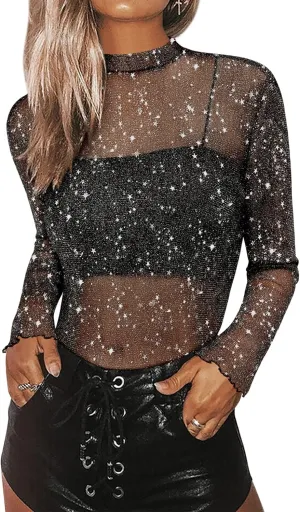 Womens Nashville Mesh Sheer Sparkly Top Glitter Star See Through Tops Tee Shirt Short Sleeve Concert Rave Outfits