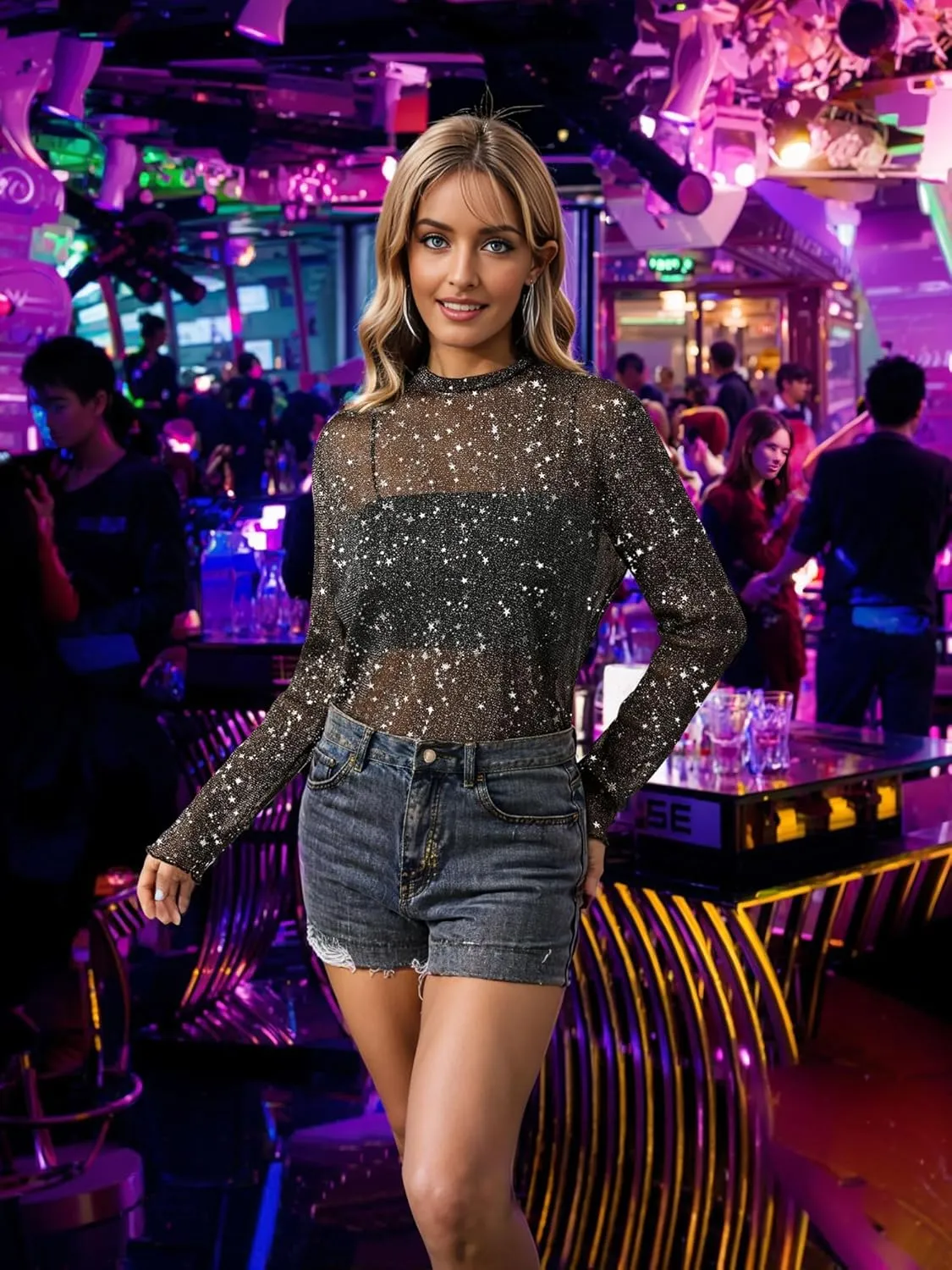Womens Nashville Mesh Sheer Sparkly Top Glitter Star See Through Tops Tee Shirt Short Sleeve Concert Rave Outfits