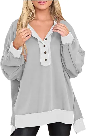 Women's Oversized Sweatshirt Casual Trendy Long Sleeve Button V Neck Pullover Tunic Tops Fall Fashion Outfits
