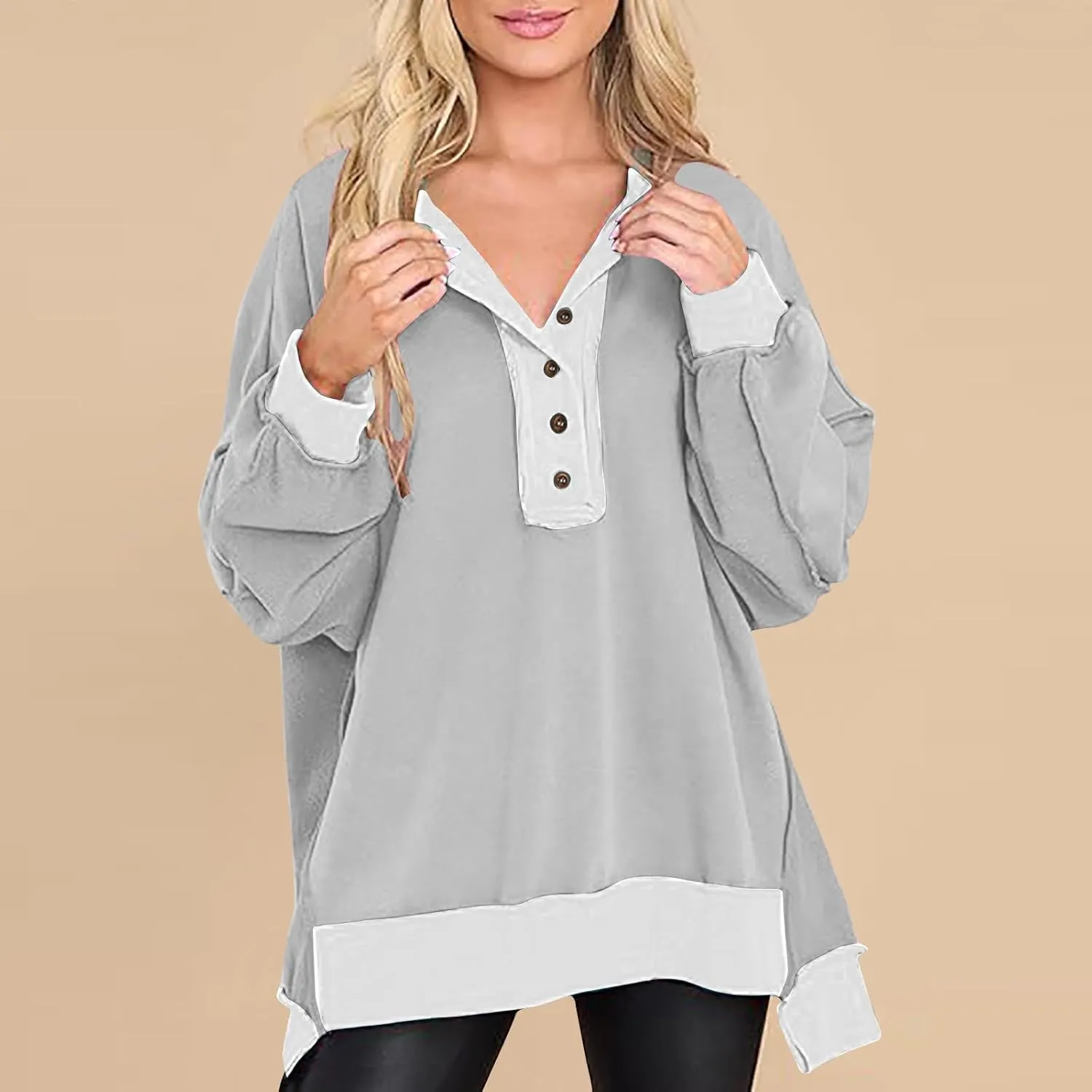 Women's Oversized Sweatshirt Casual Trendy Long Sleeve Button V Neck Pullover Tunic Tops Fall Fashion Outfits