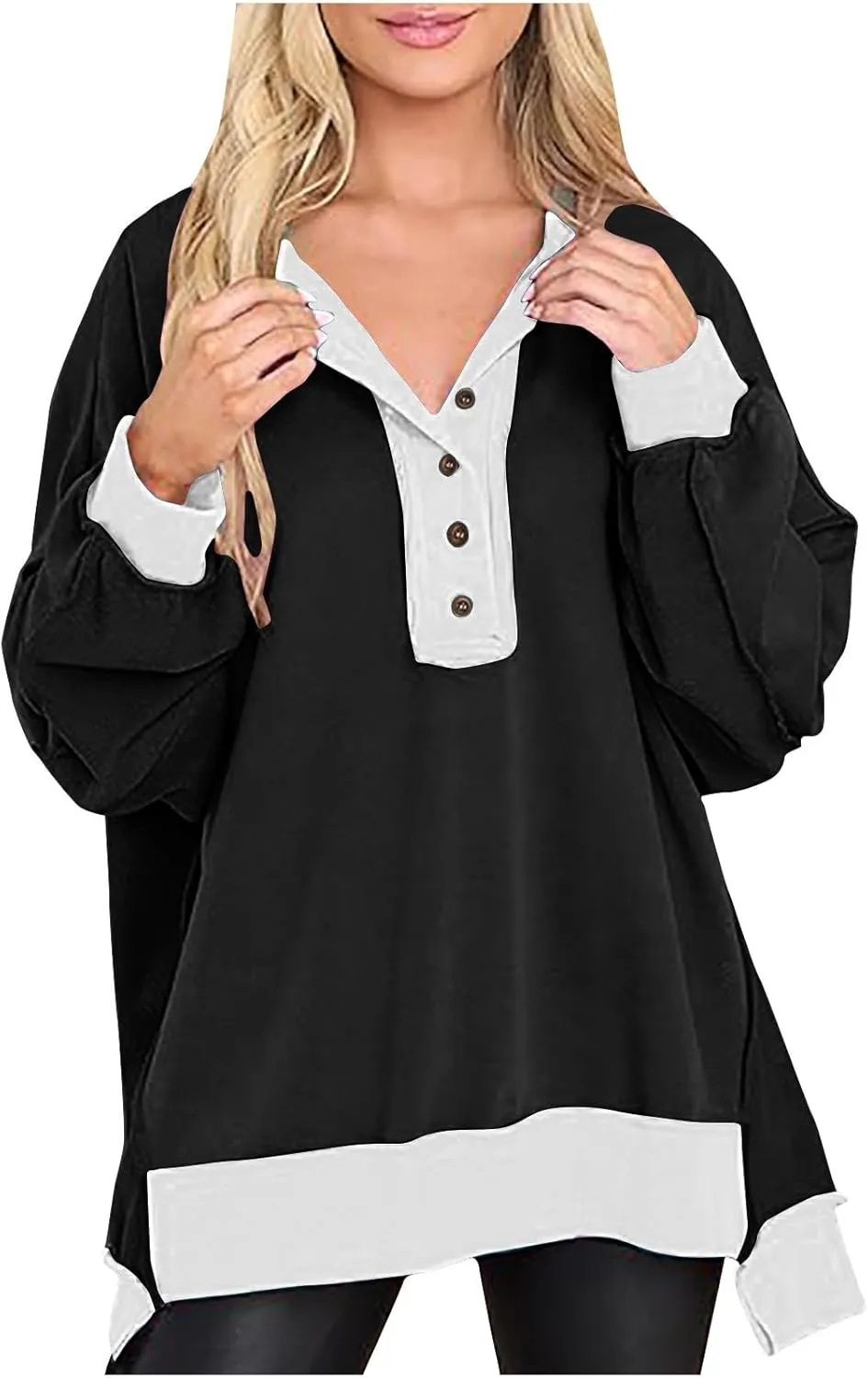 Women's Oversized Sweatshirt Casual Trendy Long Sleeve Button V Neck Pullover Tunic Tops Fall Fashion Outfits