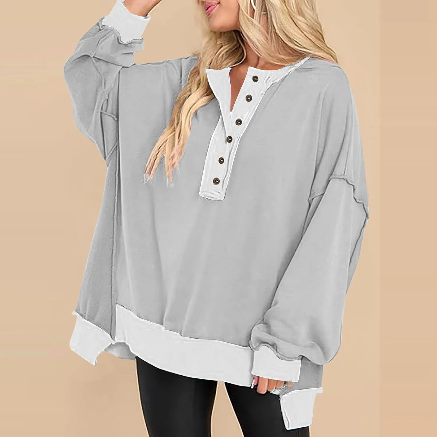Women's Oversized Sweatshirt Casual Trendy Long Sleeve Button V Neck Pullover Tunic Tops Fall Fashion Outfits