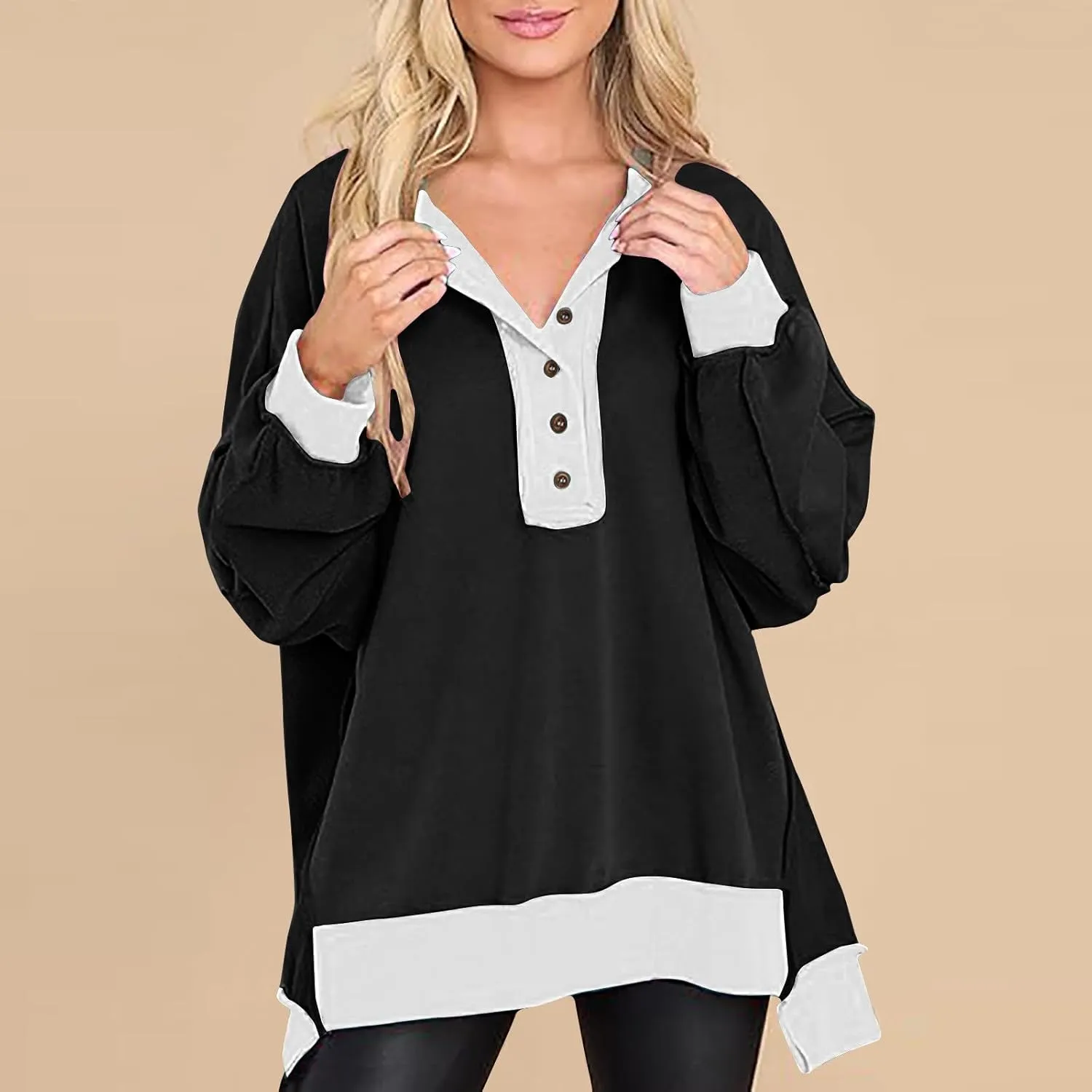 Women's Oversized Sweatshirt Casual Trendy Long Sleeve Button V Neck Pullover Tunic Tops Fall Fashion Outfits