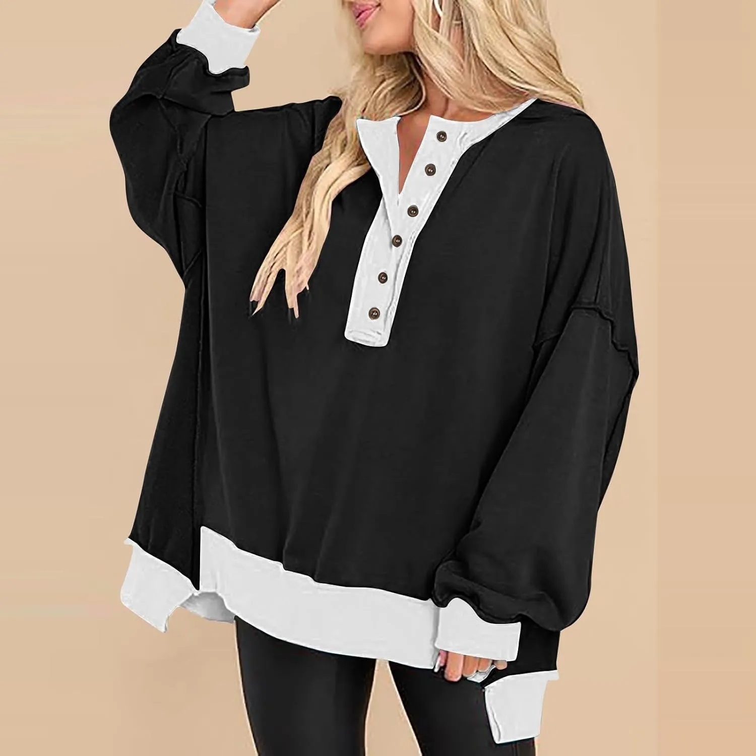 Women's Oversized Sweatshirt Casual Trendy Long Sleeve Button V Neck Pullover Tunic Tops Fall Fashion Outfits
