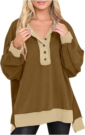 Women's Oversized Sweatshirt Casual Trendy Long Sleeve Button V Neck Pullover Tunic Tops Fall Fashion Outfits