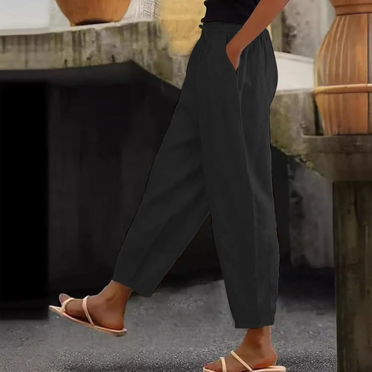 Women's Petite Cotton Linen Pants Straight Leg Elastic Drawstring Casual Trousers with Pockets Summer Lounge Pants