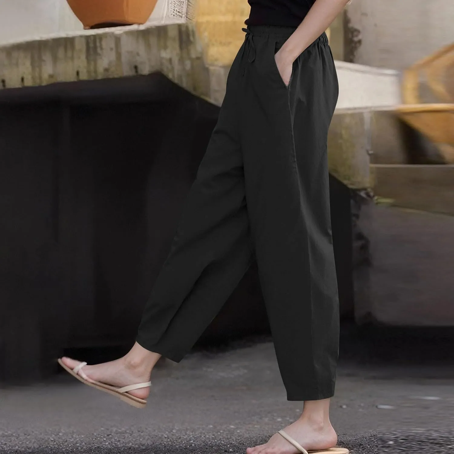 Women's Petite Cotton Linen Pants Straight Leg Elastic Drawstring Casual Trousers with Pockets Summer Lounge Pants