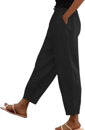 Women's Petite Cotton Linen Pants Straight Leg Elastic Drawstring Casual Trousers with Pockets Summer Lounge Pants