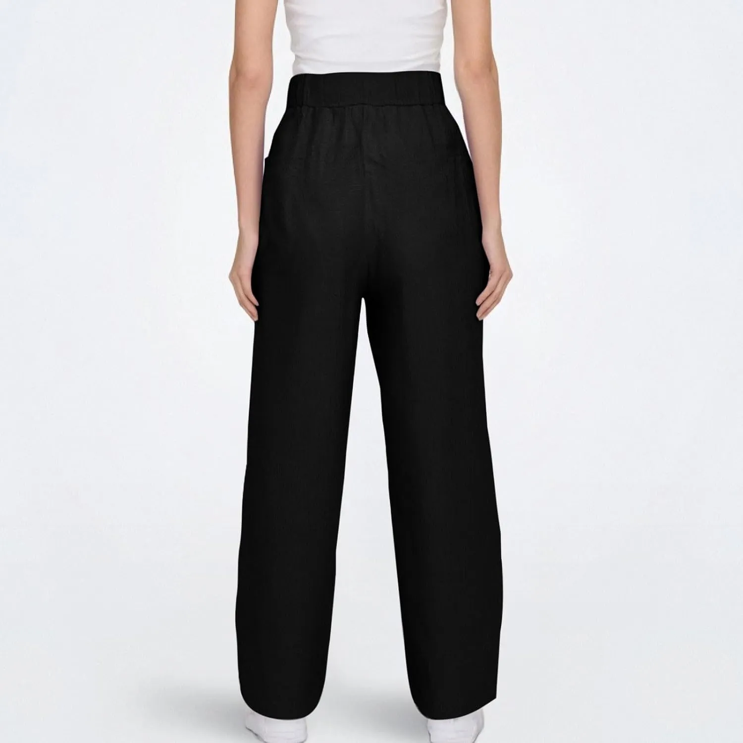 Women's Petite Cotton Linen Pants Straight Leg Elastic Drawstring Casual Trousers with Pockets Summer Lounge Pants