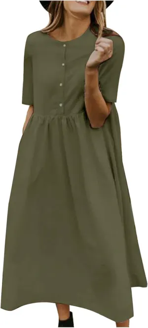 Women's Plus Size Cotton Linen Dress Summer Crewneck Button Up Short Sleeve Midi Dresses Solid Loose Beach Sundress