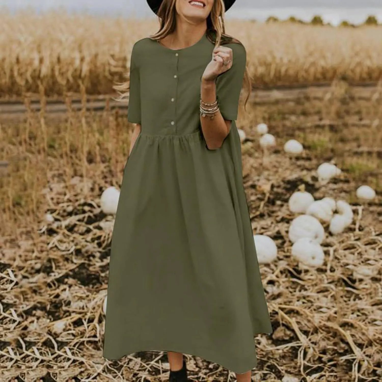 Women's Plus Size Cotton Linen Dress Summer Crewneck Button Up Short Sleeve Midi Dresses Solid Loose Beach Sundress