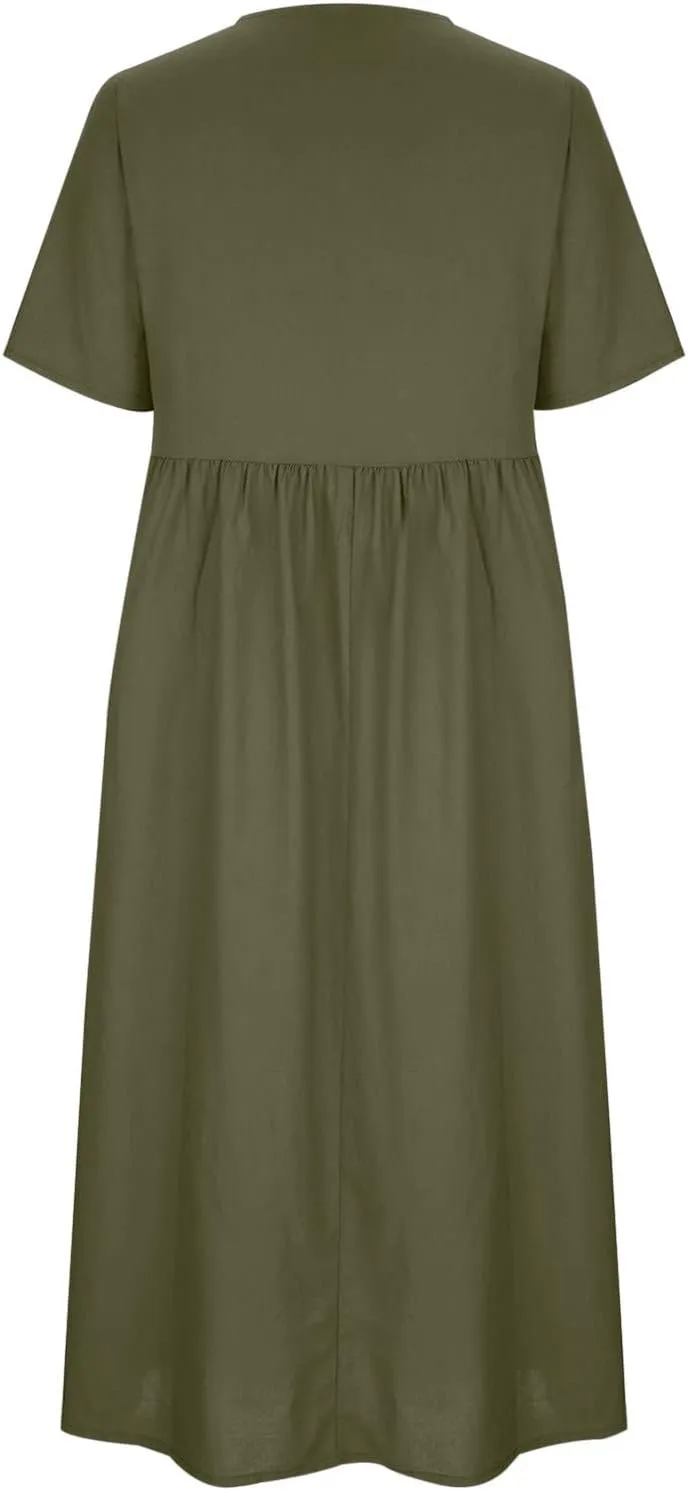 Women's Plus Size Cotton Linen Dress Summer Crewneck Button Up Short Sleeve Midi Dresses Solid Loose Beach Sundress