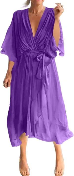 Women's Plus Size Dress Summer Casual Trendy Dress Solid Sexy V Short Sleeve Maxi Dresses Floral, S-5XL