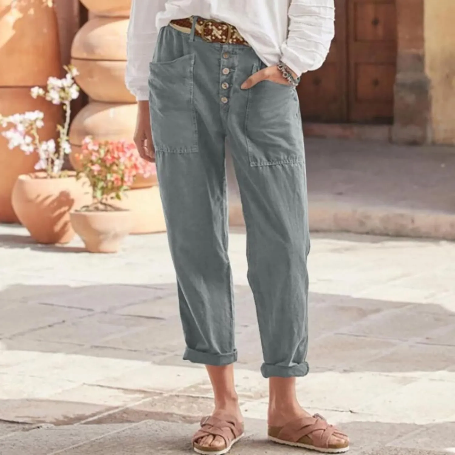 Womens Plus Size Linen Pants and Straight Solid Elastic Pants Long Drawstring Women Waist Flowy Wide Leg Palazzo