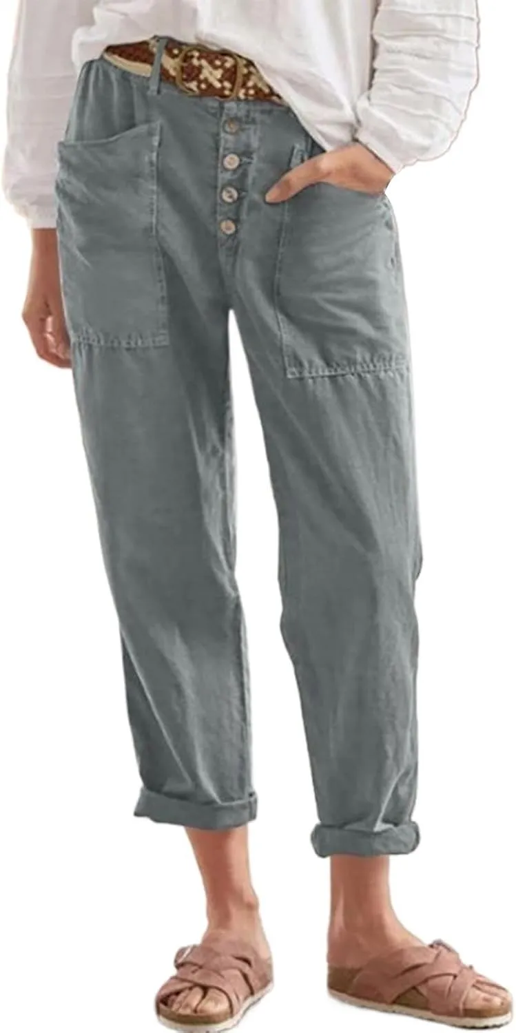 Womens Plus Size Linen Pants and Straight Solid Elastic Pants Long Drawstring Women Waist Flowy Wide Leg Palazzo