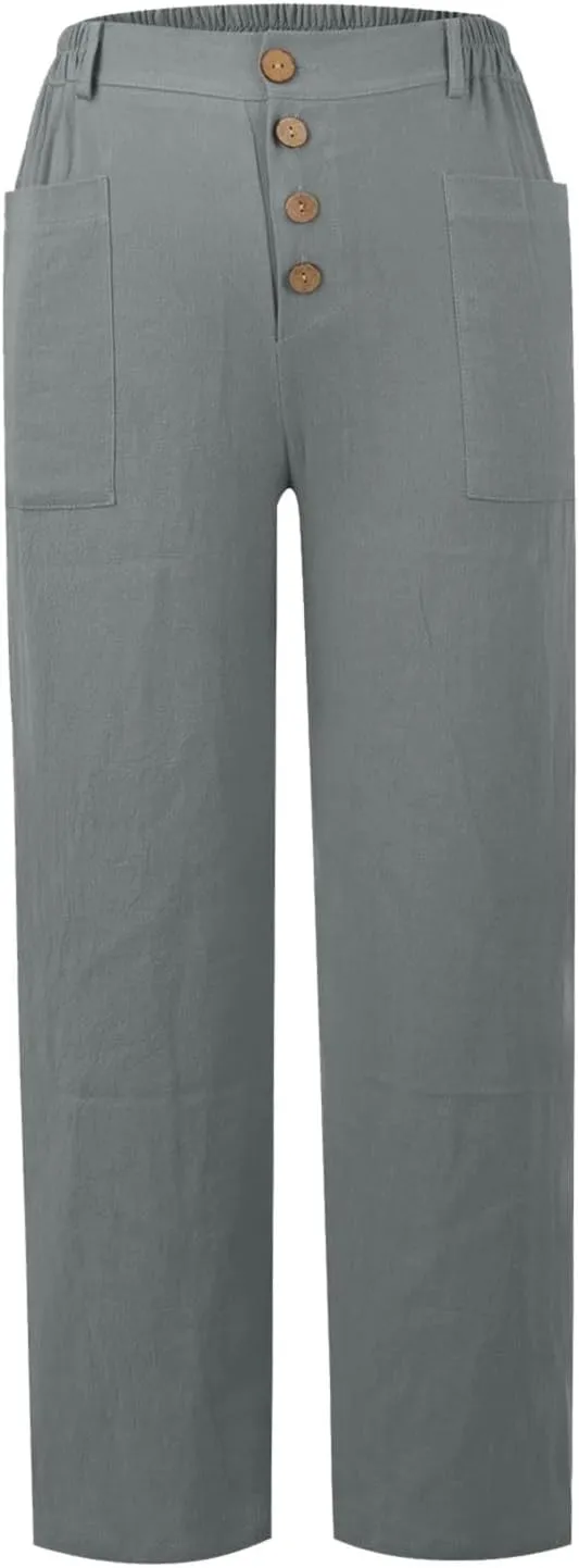 Womens Plus Size Linen Pants and Straight Solid Elastic Pants Long Drawstring Women Waist Flowy Wide Leg Palazzo