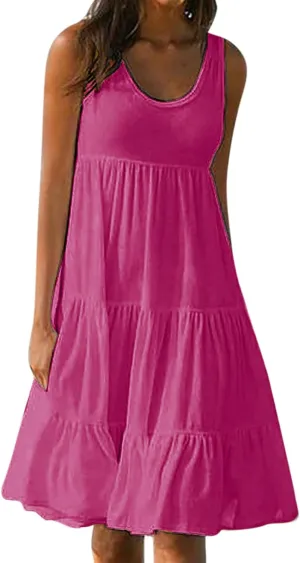 Womens Plus Size Summer Sleeveless Round Neck Swing Dress Solid Color Flowy Tiered Maxi Beach Sundress