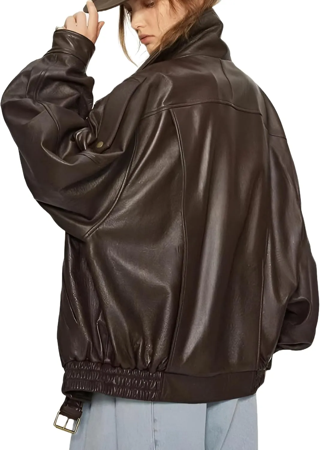 Women's Real Sheepskin Leather Jacket - Stand-Up Collar with Batwing Sleeves
