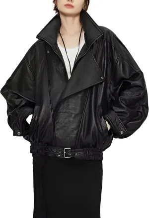 Women's Real Sheepskin Leather Jacket - Stand-Up Collar with Batwing Sleeves