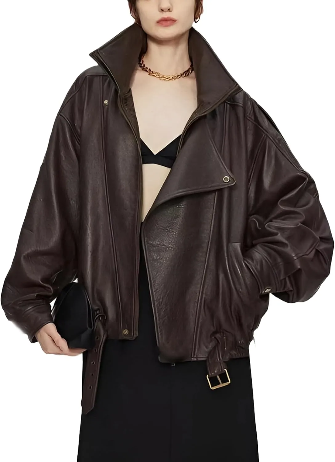 Women's Real Sheepskin Leather Jacket - Stand-Up Collar with Batwing Sleeves