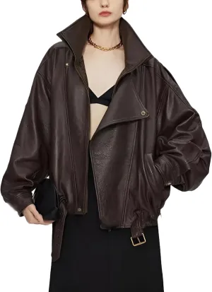 Women's Real Sheepskin Leather Jacket - Stand-Up Collar with Batwing Sleeves
