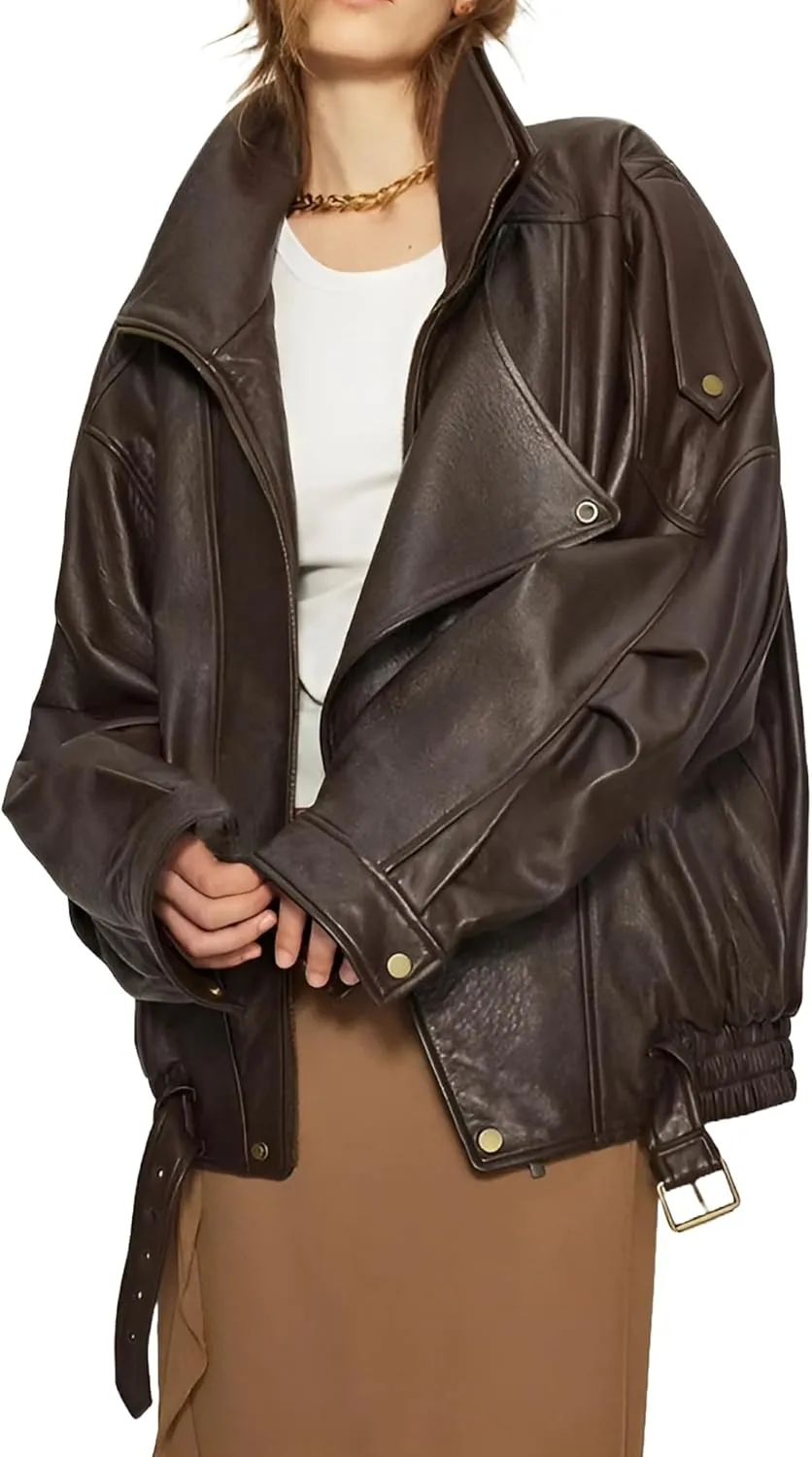Women's Real Sheepskin Leather Jacket - Stand-Up Collar with Batwing Sleeves