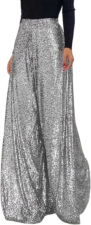 Women's Sequin Pants for Party Night 2024 Shiny Pleated Wide Leg Pants Party Nightout Elastic Waist Trousers Clubwear