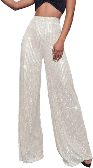 Womens Sequin Pants High Waist Wide Leg Sparkle Glitter Trousers Bell Bottom Night Out Clubwear Shiny Pants