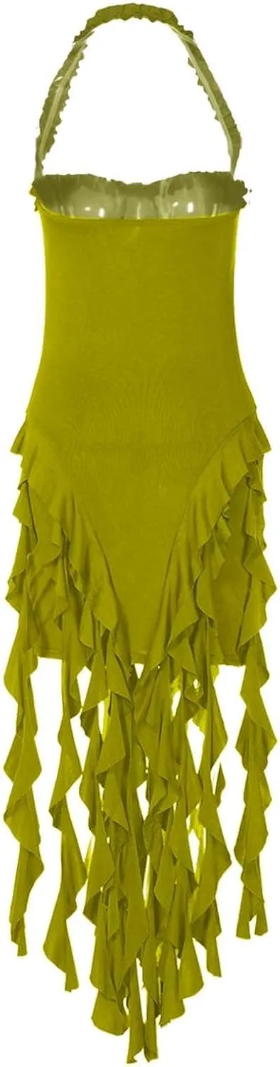 Women's Sexy Halter Neck Tassels Ruffle Backless Bodycon Mini Dress Sleeveless Backless Hem Party Short Dresses