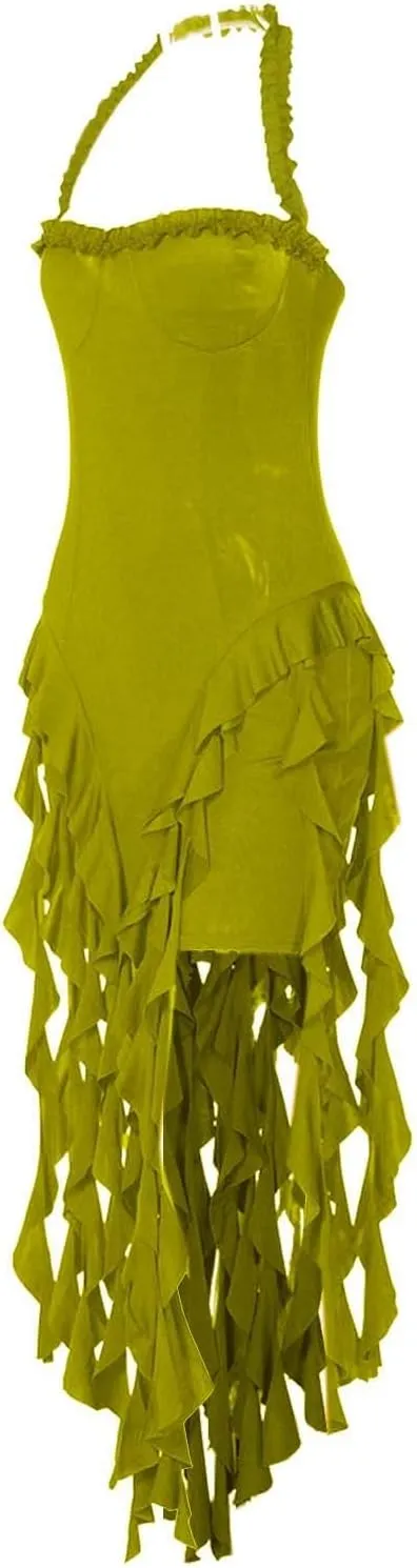 Women's Sexy Halter Neck Tassels Ruffle Backless Bodycon Mini Dress Sleeveless Backless Hem Party Short Dresses