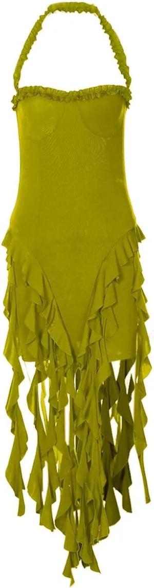 Women's Sexy Halter Neck Tassels Ruffle Backless Bodycon Mini Dress Sleeveless Backless Hem Party Short Dresses
