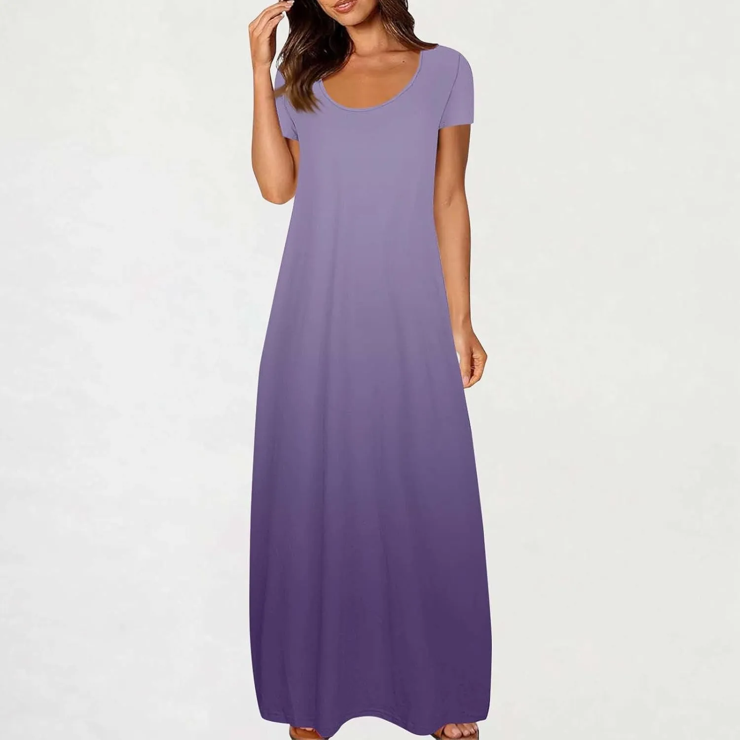 Women's Short Sleeve Loose Sundress Gradient Graphic Print Round Neck Beach Maxi Dresses Casual Trendy Clothes