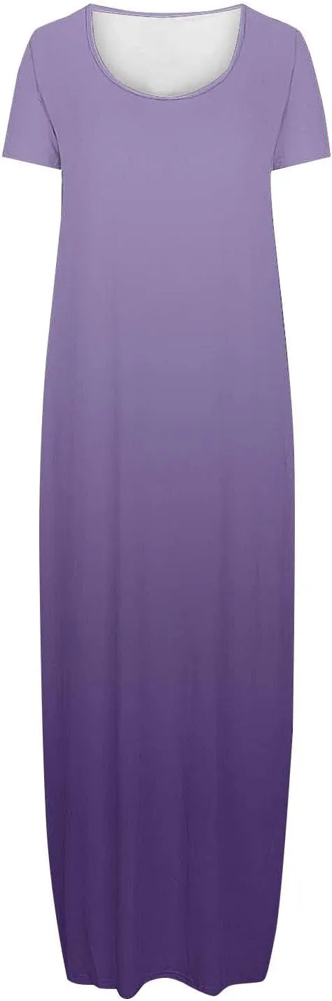 Women's Short Sleeve Loose Sundress Gradient Graphic Print Round Neck Beach Maxi Dresses Casual Trendy Clothes