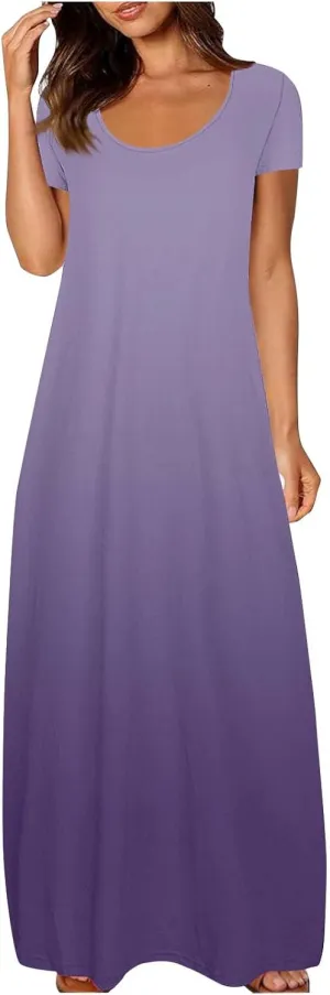 Women's Short Sleeve Loose Sundress Gradient Graphic Print Round Neck Beach Maxi Dresses Casual Trendy Clothes