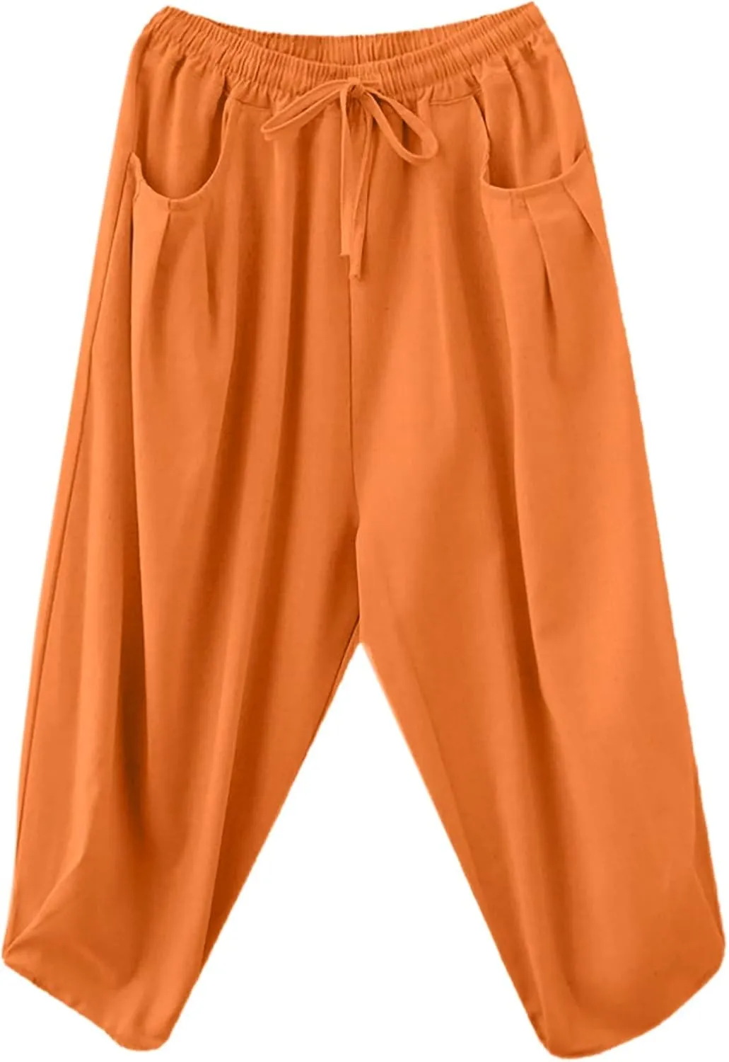 Womens Solid Color Capri Pants Casual Loose Drawstring Elastic Waist Cotton Linen Cropped Trousers Summer Thin Workout Pants