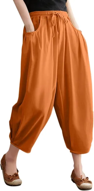 Womens Solid Color Capri Pants Casual Loose Drawstring Elastic Waist Cotton Linen Cropped Trousers Summer Thin Workout Pants