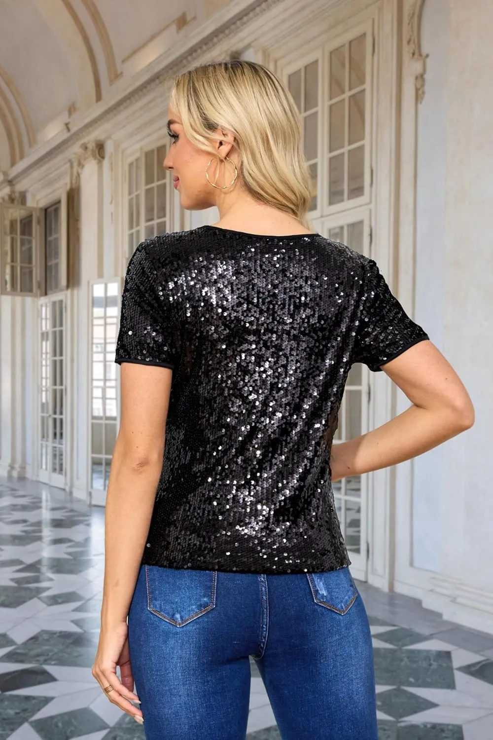 Women's Sparkly Sequin Top Blouse Glitter Cocktail Party Costume Tee-Shirt Glitzy Night Out T-Shirts