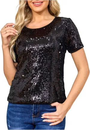 Women's Sparkly Sequin Top Blouse Glitter Cocktail Party Costume Tee-Shirt Glitzy Night Out T-Shirts
