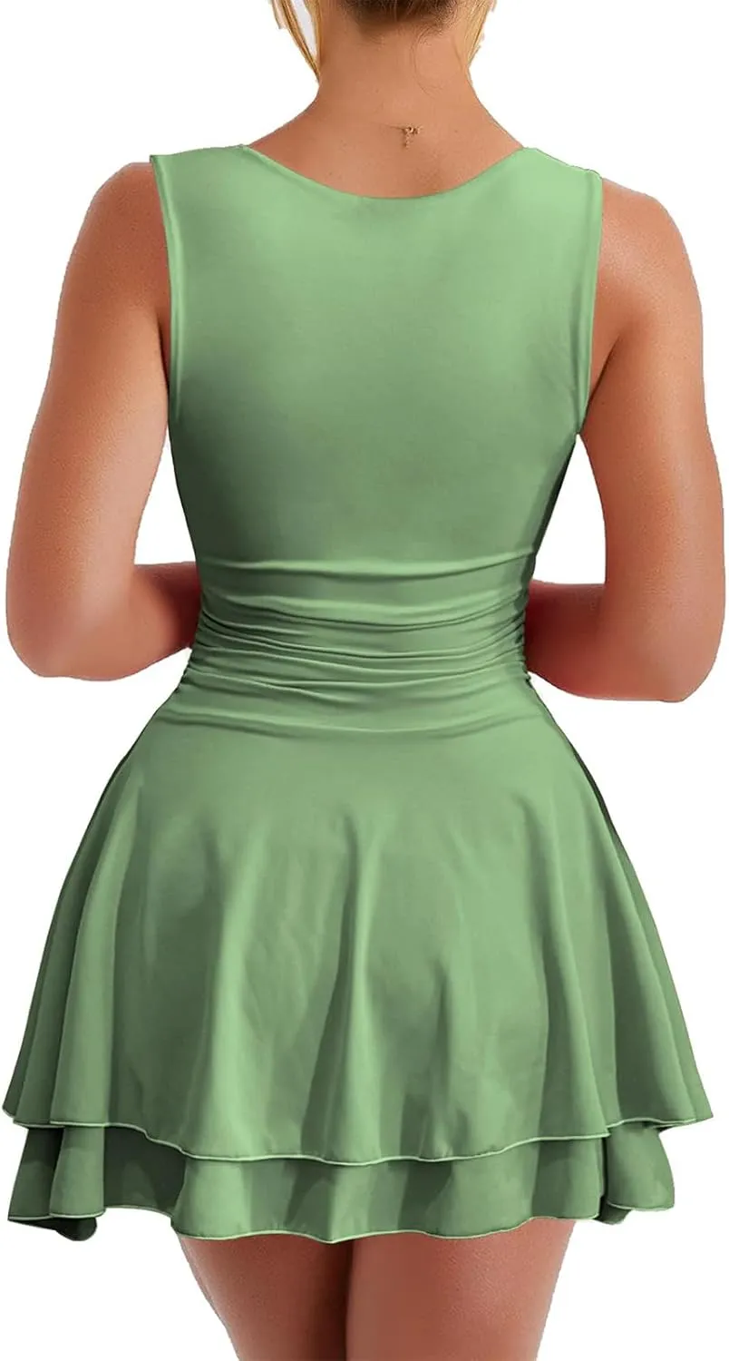 Women's Square Neck Ruffle Hem Mini Dress Sleeveless Ruched Waist Short Dresses Corset Pleated Swing Babydoll Dresses