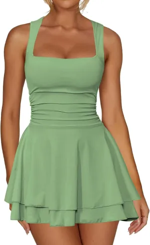 Women's Square Neck Ruffle Hem Mini Dress Sleeveless Ruched Waist Short Dresses Corset Pleated Swing Babydoll Dresses