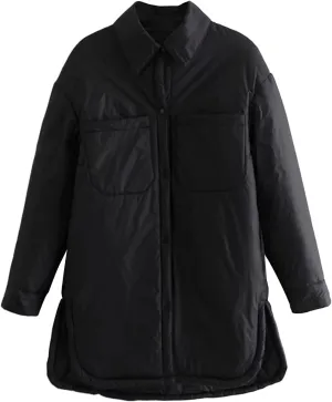 Women's Stand Collar Parka Jackets Loose Fashion Lapel Button Pocketed Outwear Solid Color Hooded Puffer Down Coat