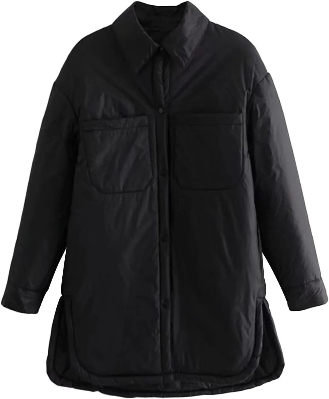 Women's Stand Collar Parka Jackets Loose Fashion Lapel Button Pocketed Outwear Solid Color Hooded Puffer Down Coat
