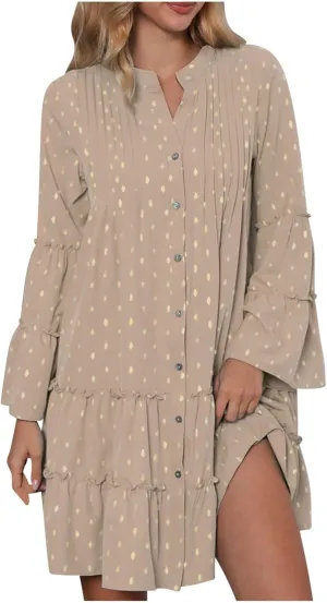 Women's Summer Button Down Pleated Shirt Dress Bell Long Sleeve Tiered Ruffle Flowy A-Line Swing Mini Babydoll Dresses